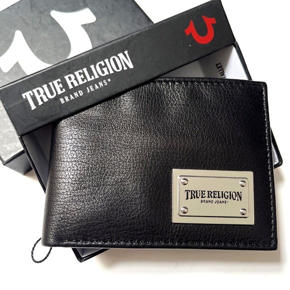 NWT TRUE RELIGION Slim Bifold Wallet Leather Logo Black Boxed ID Sonny RFID X - Picture 1 of 7